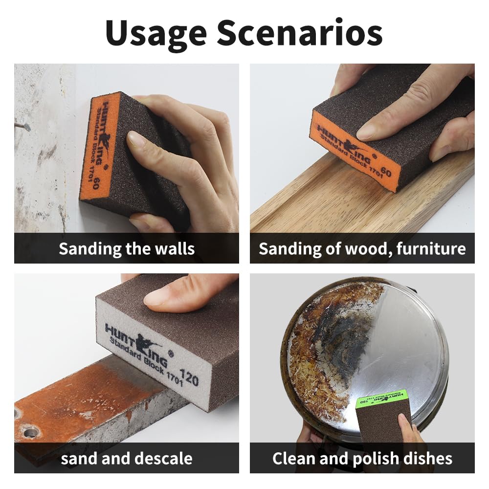 Huntking 6 Pack Sanding Sponge Sanding Block 36/60/100/120/180/220 Grit Sandpaper Assortment Hand Sander Sponges-Wet and Dry Sandpaper for Wood Drywall Metal Glasses