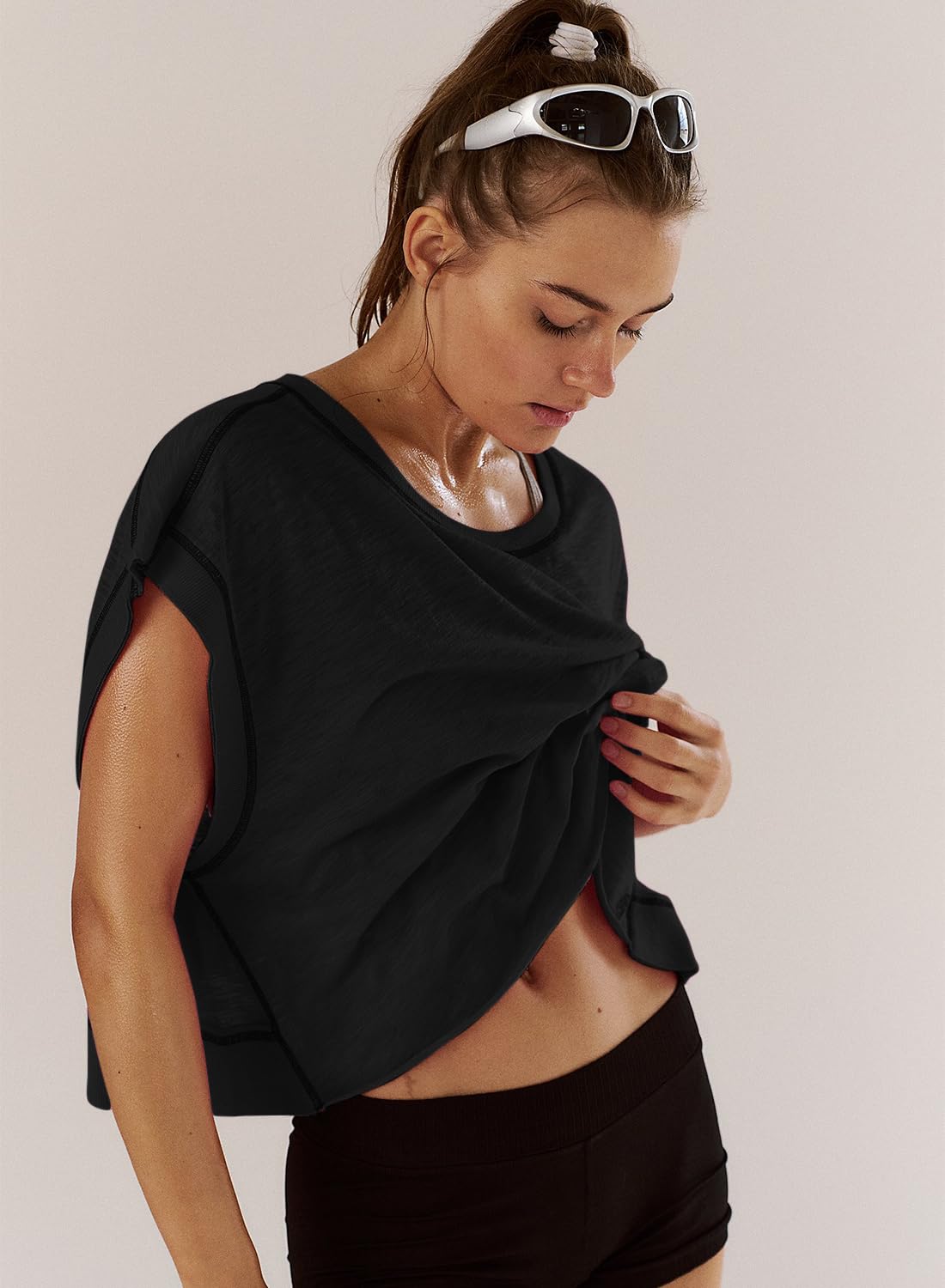 Kumufenc Women Short Sleeve Workout Shirts Open Back Tops Casual Yoga Y2k Athletic Gym Slouchy Crop Running Tees(Black,S)