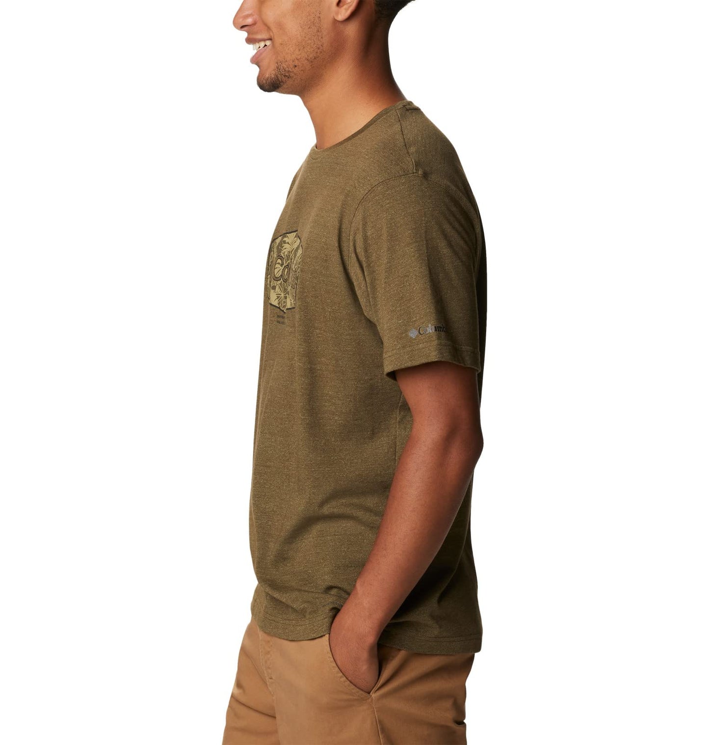 Columbia Men's Thistletown Hills Graphic Short Sleeve, Olive Green Heather/Wanderland Graphic, 4X Tall