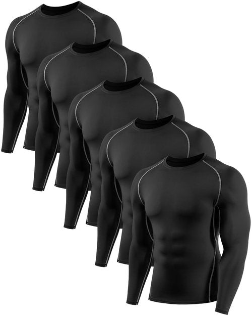ATTIQOZI 4,5,6 Pack Men's Compression Shirts Long Sleeve Rash Guard Workout Undershirt Base Layer Athletic Shirt Black(5pack) L
