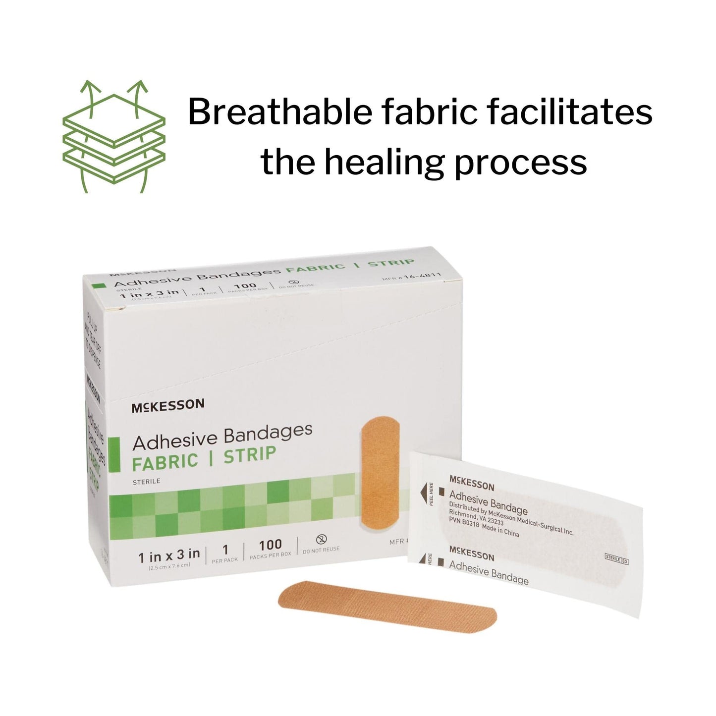 McKesson Adhesive Bandages, Sterile, Fabric Strip, 1 in x 3 in, 100 Count, 3 Packs, 300 Total