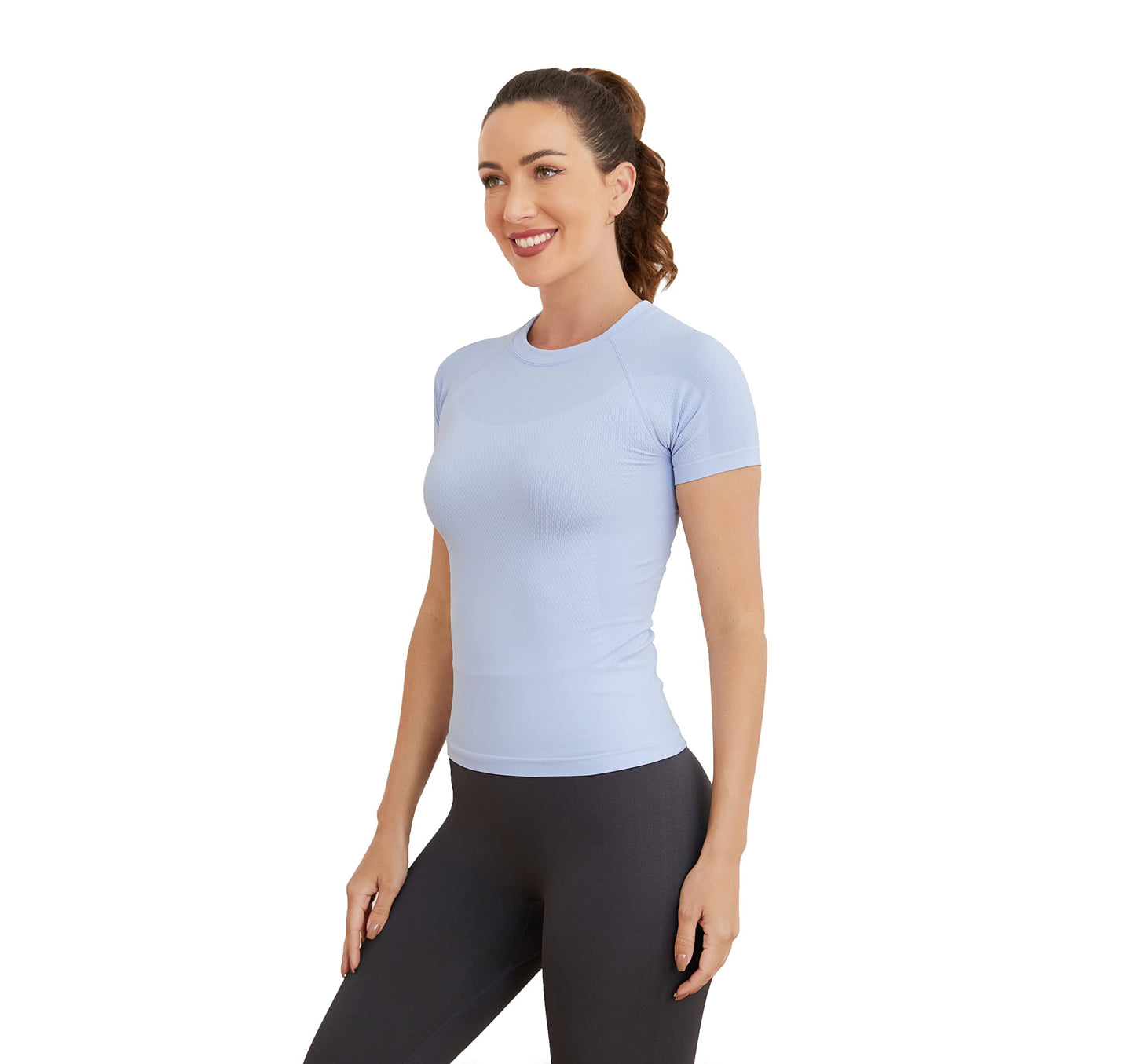 MathCat Short Sleeve Workout Tops for Women, Seamless Women's Compression Shirt, Yoga Running Athletic Shirts Soft Gym Tops SkyBlue