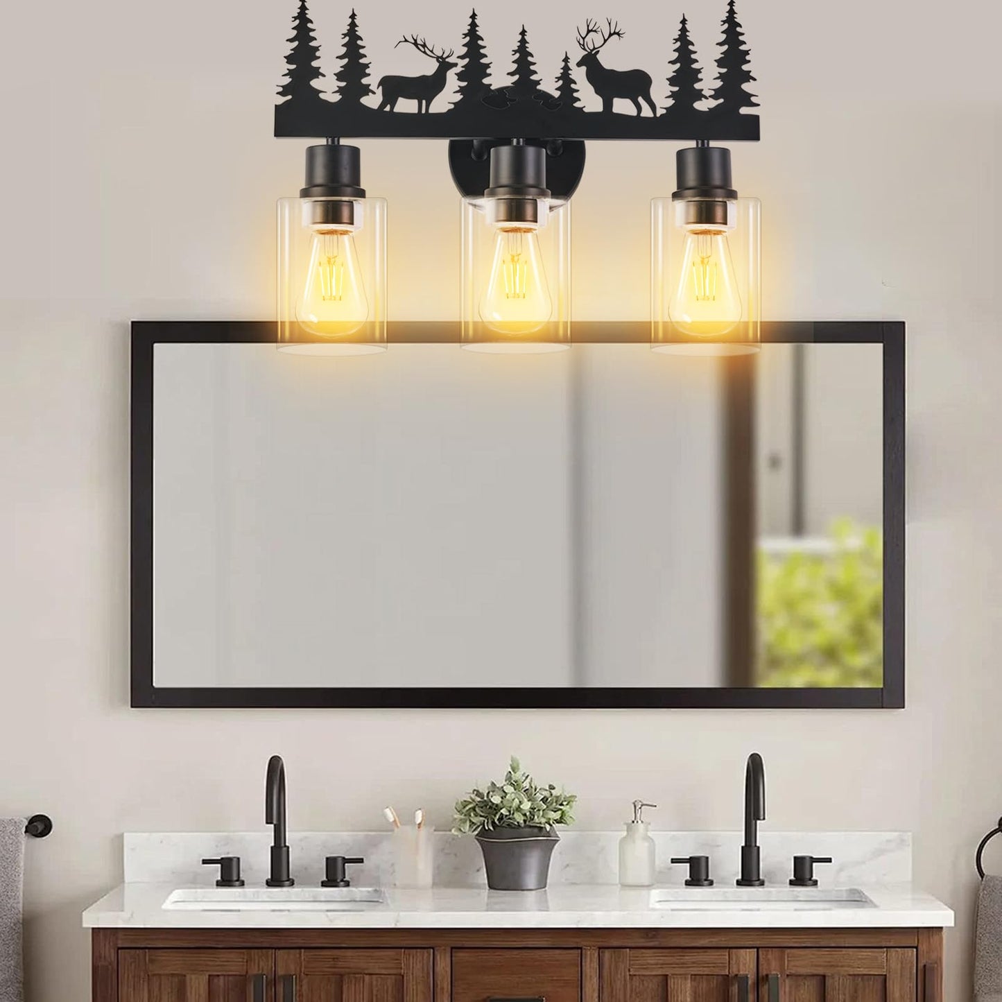 Monyohame Farmhouse Rustic Deer Bathroom Light Fixtures, 3-Light Black Vanity Lights with Clear Glass Shade, Wall Lamp for Bathroom, Living Room, Hallway, Kitchen, Cabnet, Porch