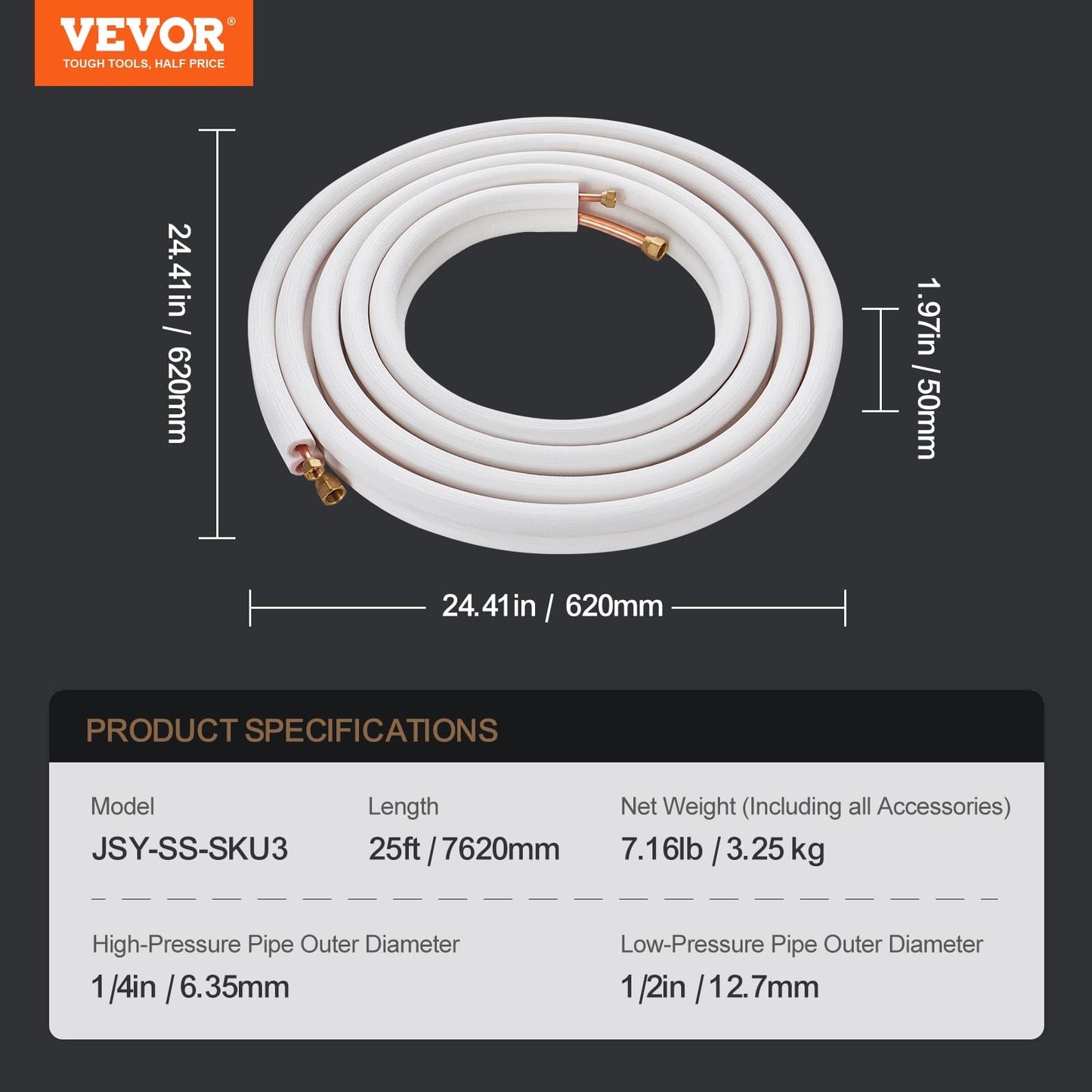 VEVOR 25FT Mini Split Line Set, 1/4" & 1/2" O.D Copper Pipes Tubing and Triple-Layer Insulation, for Mini Split Air Conditioning Refrigerant or Heating Pump Equipment & HVAC with Wrapping Strips.
