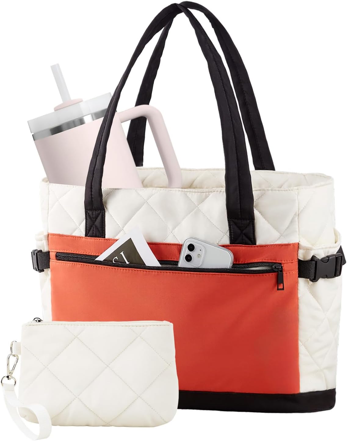 Skiennix Puffer Tote Bag - Stylish Work Bag with Cup Holder & Compartments | Quilted Design for Travel