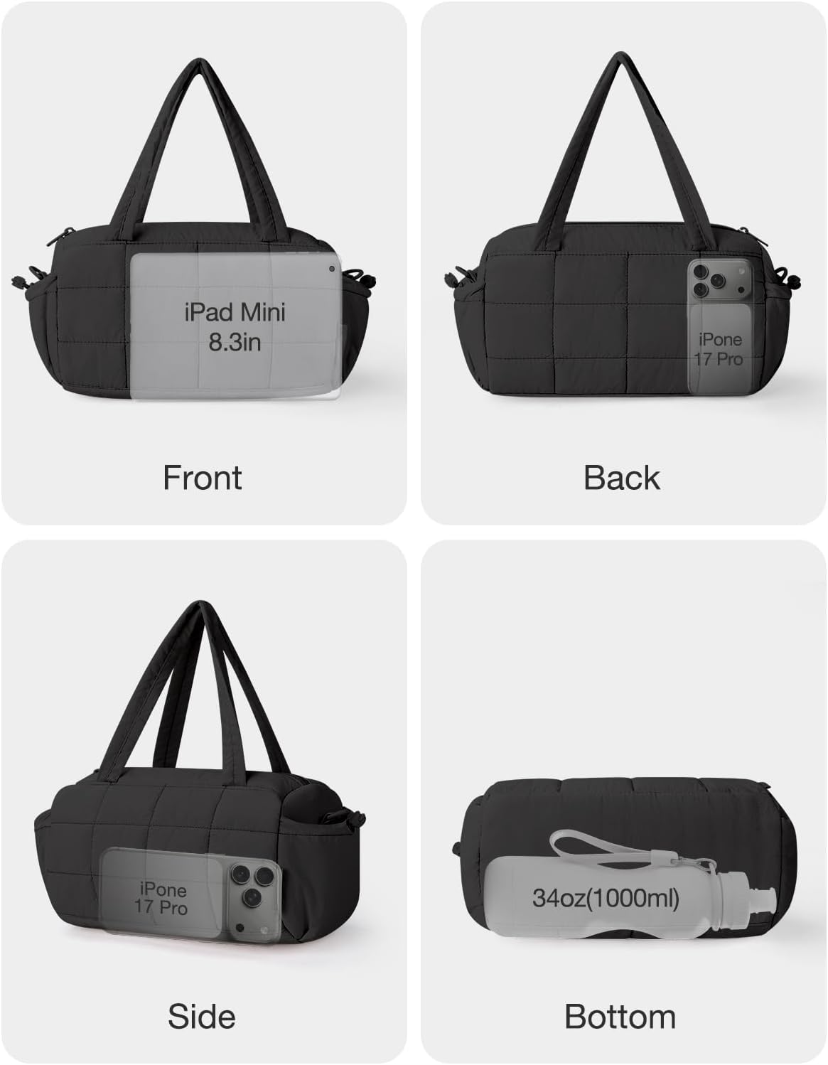 Noozion Mini Gym Bag - Lightweight Quilted Duffle with Wet Pocket & Adjustable Strap | 12 Inch for Yoga, Pilates, Swimming