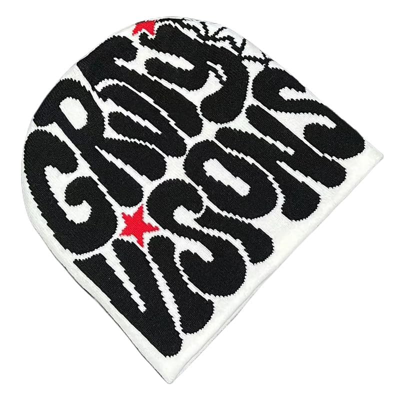 Y2K Letter Graphic Beanie - Soft Warm Knitted Winter Hat - White/Black
