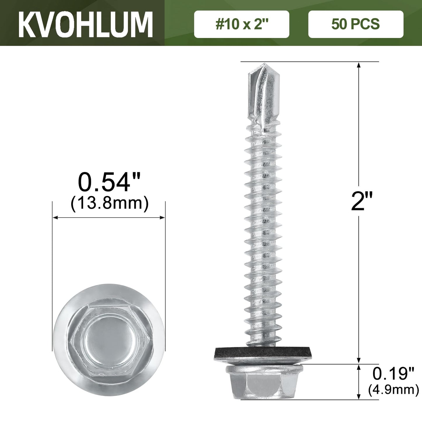 #10 x 2 (50 PCS) Metal Roofing Screws with Rubber Washer, Hex Head Self Tapping Screws for Metal, Self Drilling Sheet Metal Screw, Hex Bit Socket Included
