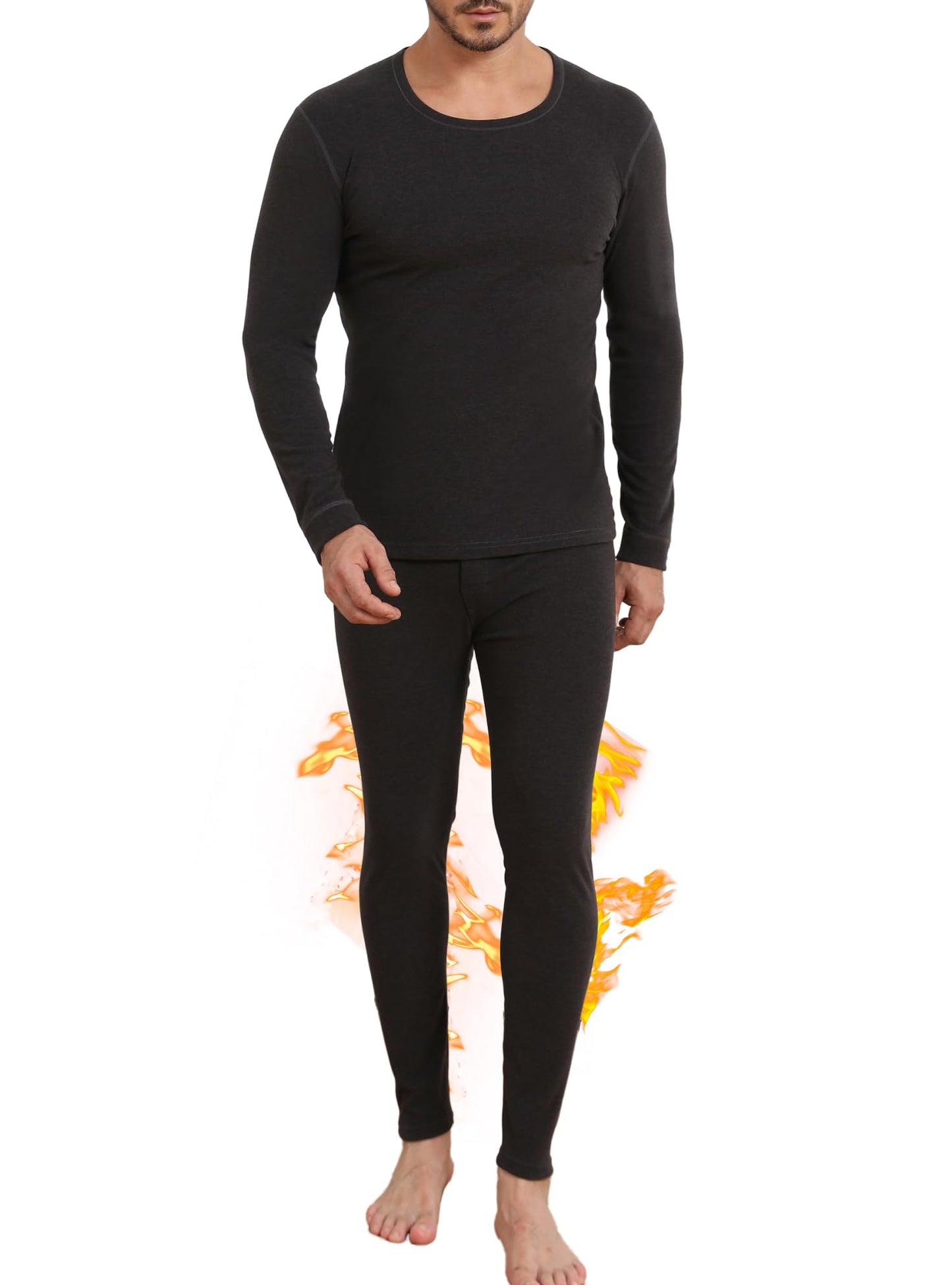 Thermal Underwear for Men Wool Long Johns Fleece Lined, Lightweight Warm Gear Set for Autumn Winter Cold Weather Top Bottom, Base Layer Thermal Long Sleeve Shirt Underpants for Running - Black M