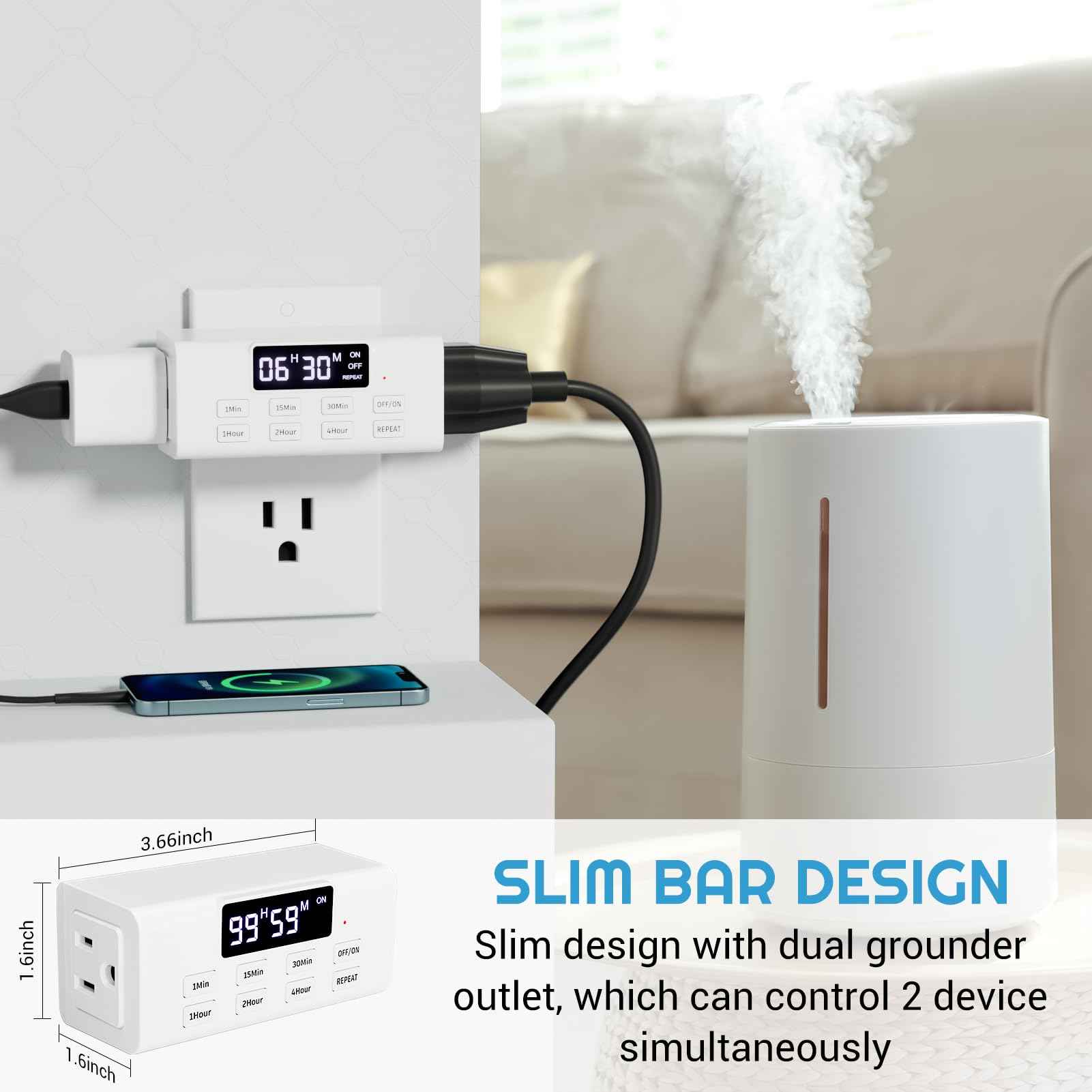 COKWEL Countdown Timer Outlet, Up to 99 Hours, Large Screen and Repeat Function, Inodoor Auto Shut Off Timers for Charger Light Vacation Security,Digital Timers for Electrical Outlets 2 Pack