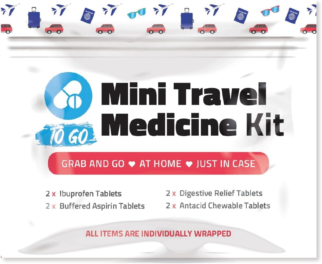 Skiennix Mini Travel Medicine Kit - Compact Variety Pack of OTC First Aid Packets - Perfect for Emergencies, Camping & Cruise (Red)
