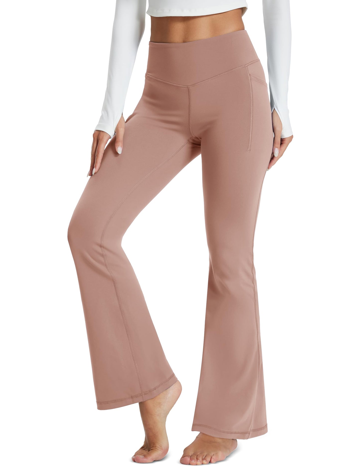 MAGCOMSEN Women's Yoga Pants with Pockets Flare Leggings High Waisted Bell Bottom Bootcut Workout Dress Pants Stretchy Soy Pink L