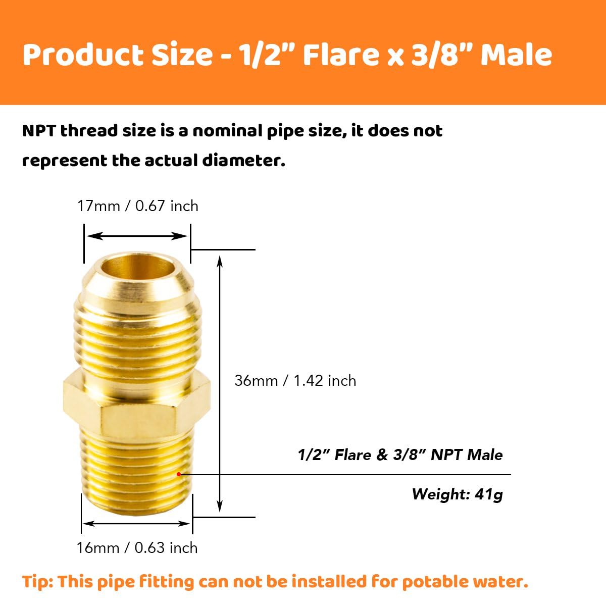 (2-Piece) Besosay Tube Fitting, Half Union Gas Adapter 1/2" Flare x 3/8" NPT Male Pipe Coupler Coupling