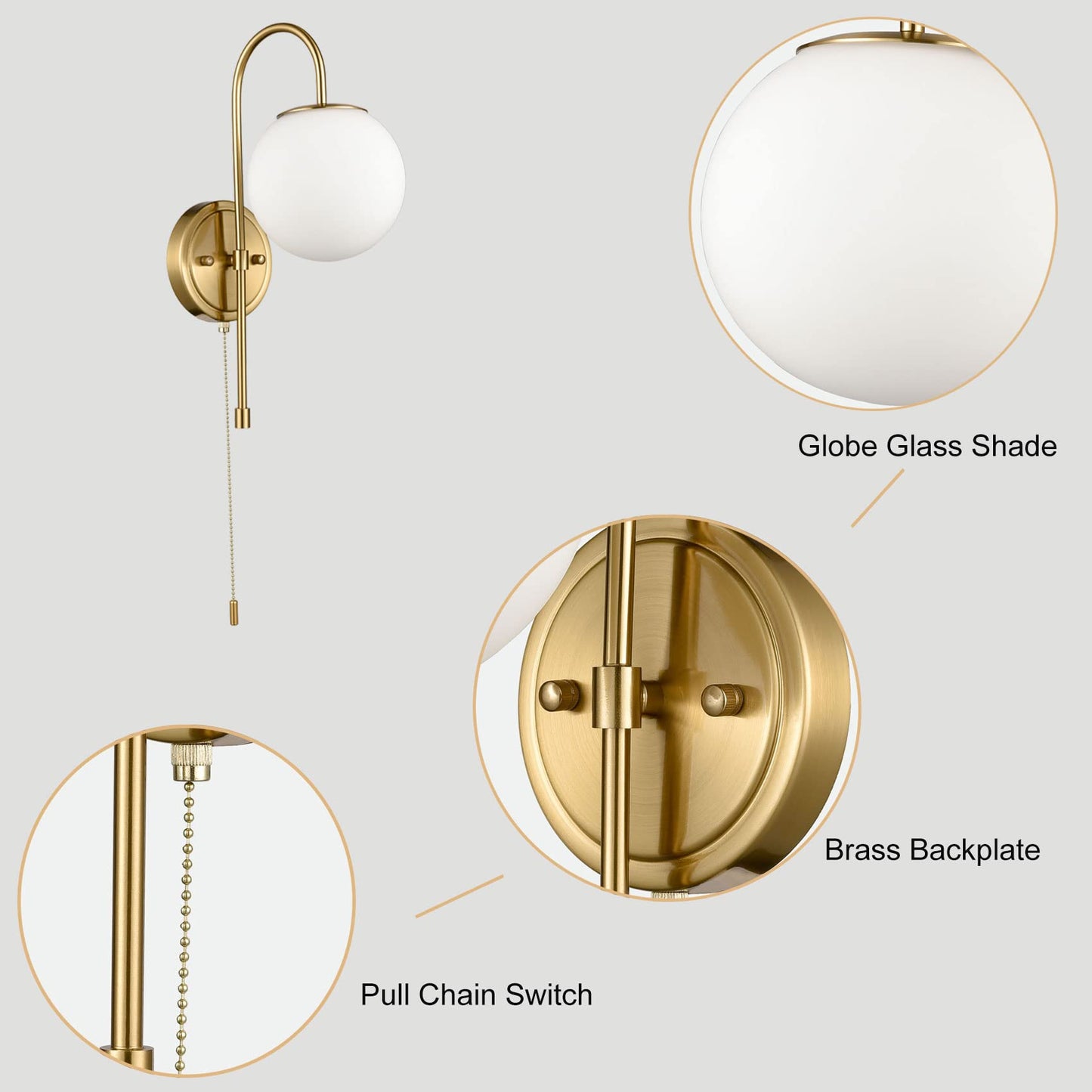 DEYNITE Modern Wall Light Fixtures Gold Wall Sconce with Pull Chain for Bedroom Bathroom