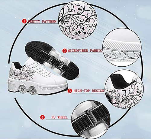 Roller Skate Shoes for Women, Double-Row Deform Quad Roller Skates, Automatic Walking Shoes Detachable Roller Skate, Shoes with Wheels for Girls Boys, Skating Shoes Unisex (White Flower, US 8)