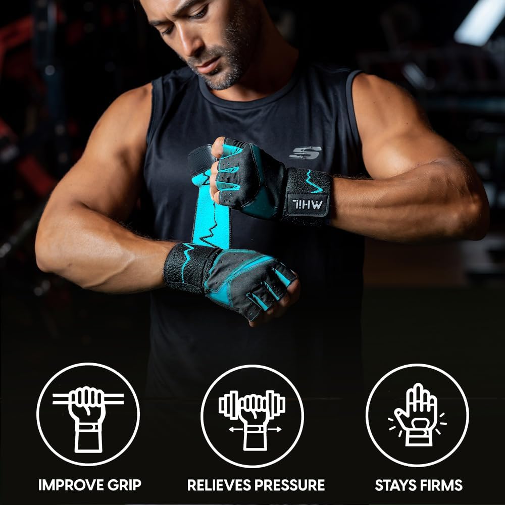 MhIL Workout Gloves for Men - Enhanced Grip Gym Gloves with Wrist Wraps for Optimal Performance and Safety