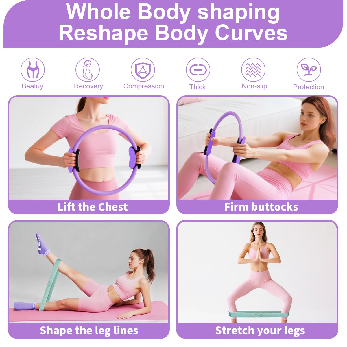 CoreHarmony Pilates Essentials Kit for Women, Home Pilates Kit with 12.9" Ring and 9.8" Mini Ball, 4 Fabric Loop Bands, Figure-8 Band, Stretch Strap, Jump Rope, Carry Bag (Purple Thread)