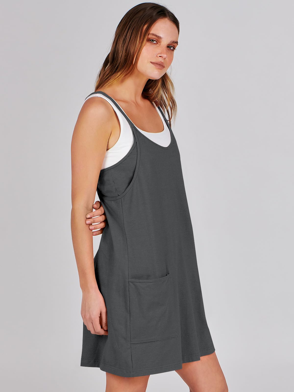 ANRABESS Women Athletic Dress Summer Tennis Workout Active Sports Mini Romper Dress Built in Shorts Travel Vacation Clothes Gray Small