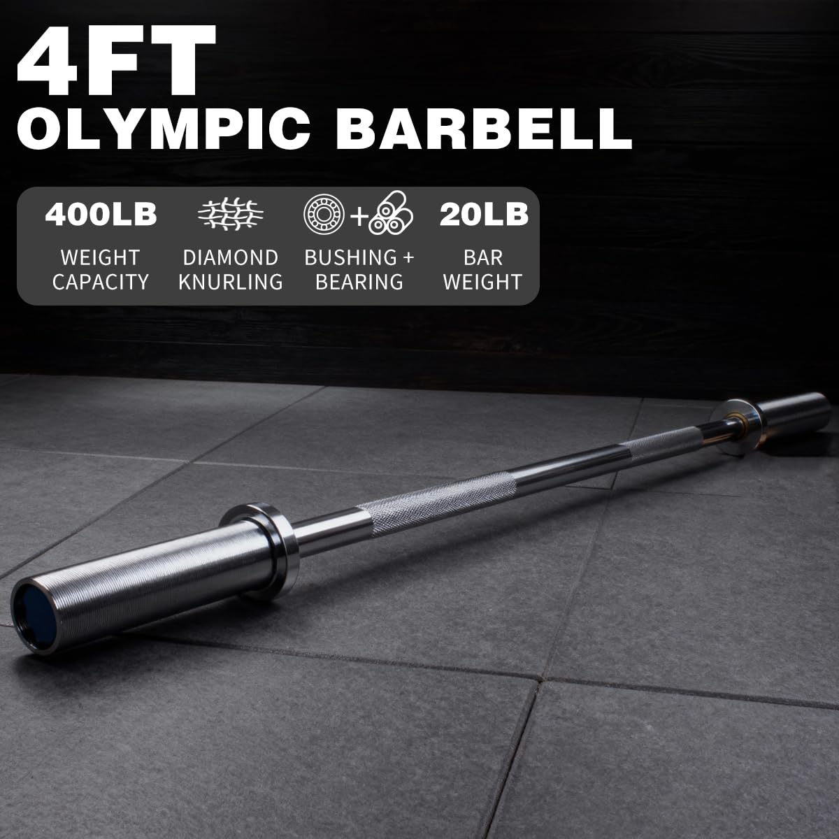 Olympic Barbell 4ft Barbell Set, 2 Inch Barbell for Strength Training with 1 Pair Wrist Straps, Straight Barbell bars Weight Lifting Bar Bells Bar for Bench Press/Deadlift/Squat, 2 Collars(500lb Capacity)