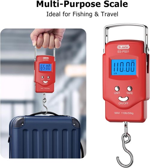 Dr.meter Fishing Scale - 110lb Digital Luggage Scale with Backlit LCD & Measuring Tape | Compact Design, Batteries Included