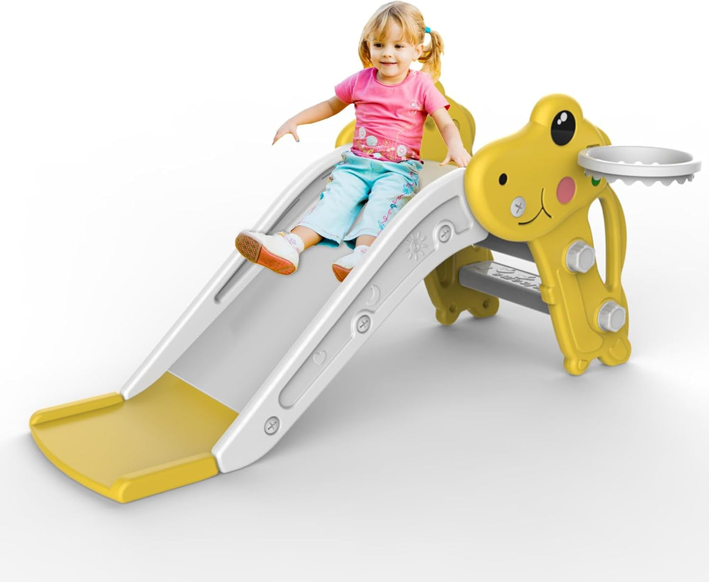 Skiennix Toddler Slide - Indoor/Outdoor Playset with Ball & Hoop | Non-Slip Steps, Yellow, Ages 1-3