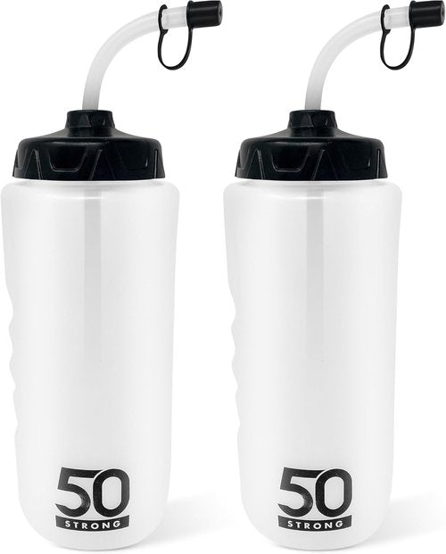 50 Strong 1 Liter Water Bottle | 2-Pack BPA-Free Sports Bottles with Long Straw & Grip - Made in USA