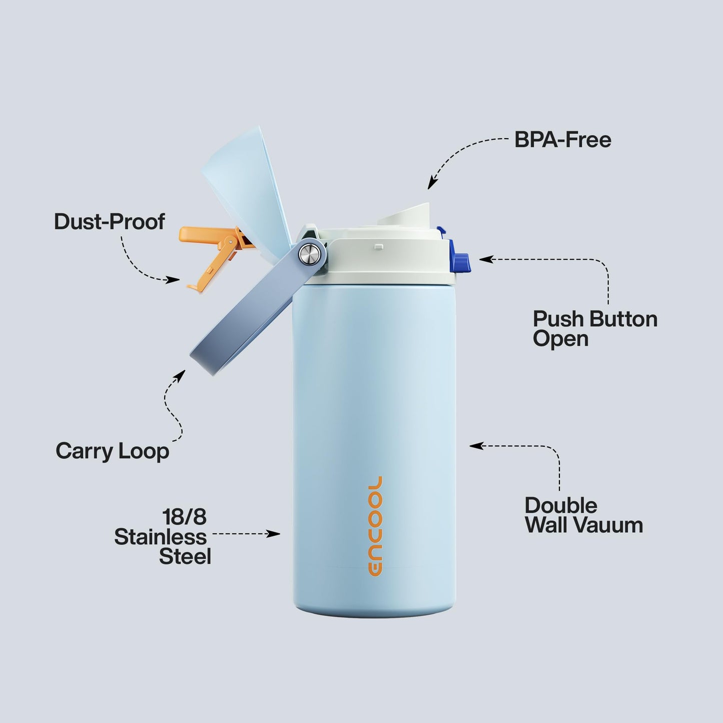 ENCOOL Insulated Water Bottle with Straw Stainless Steel Water Bottle with Push Button Lid, Leak-Proof & BPA-Free, Keeps Cold for 24 Hours for Sports, Travel, Gym (24 oz, Hazy Blue-Blue)
