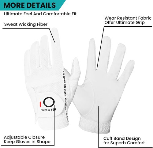 FINGER TEN Golf Gloves - All-Weather Grip for Men - 6-Pack in Various Sizes | Ideal for Rainy Conditions
