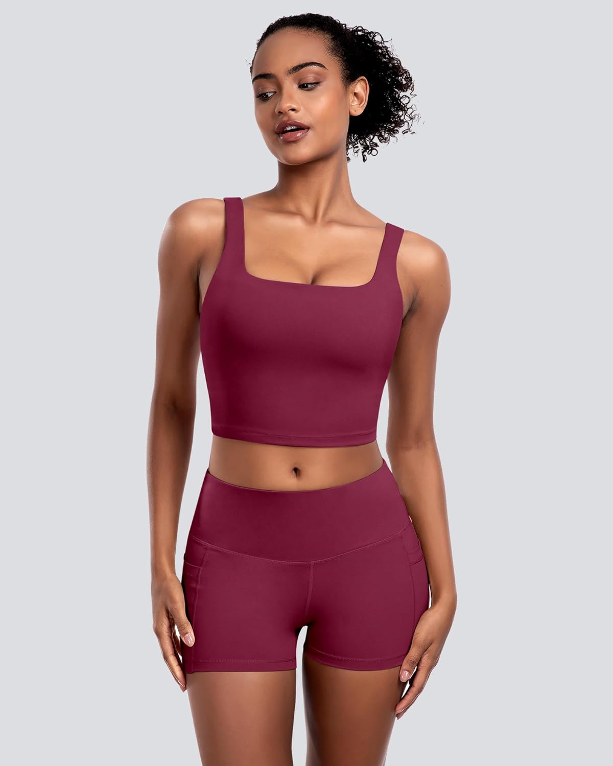 Skiennix Women's Sports Bras - 5-Pack Square Neck Longline Workout Crop Tops | Padded Yoga Camisole