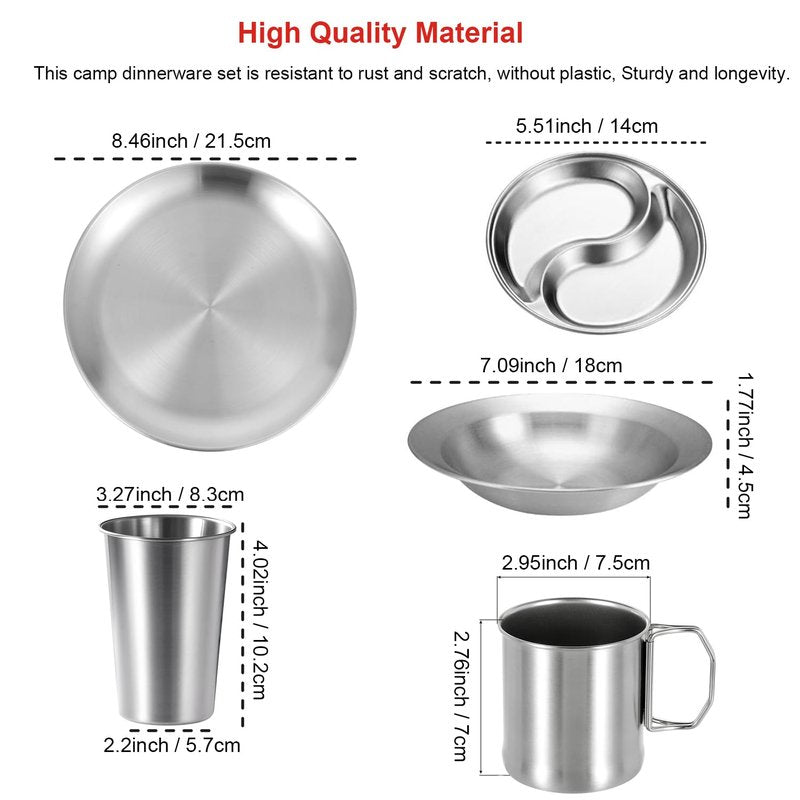 Mess Kit for Camping 1 Person, Reusable Camping Dish Set, Stainless Steel Camping Plates, Camping Dish Set with Mesh Bag Easy to Carry or Put in Backpack