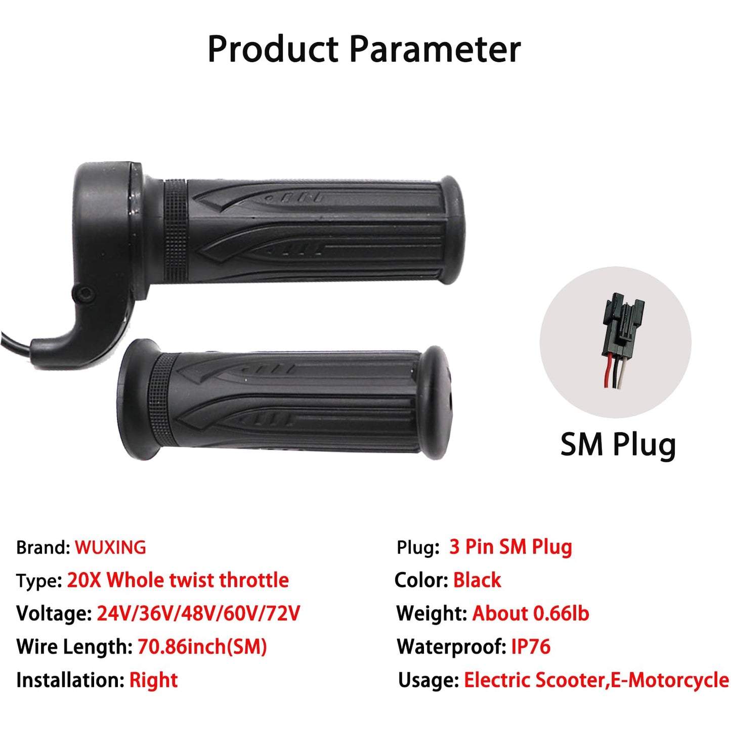WUXING 20X Full Twist Throttle，Throttle for Electric Bike,Full Right Hand Grip Throttle