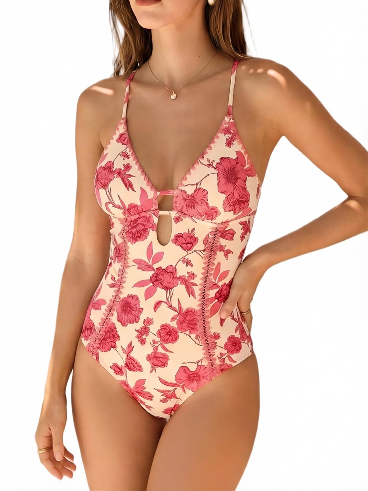 CUPSHE Women's One Piece Swimsuit Plunging V Neck Shell Stitch Bathing Suit Self Tie Adjustable Cutouts Swimwear, M Pink/Floral