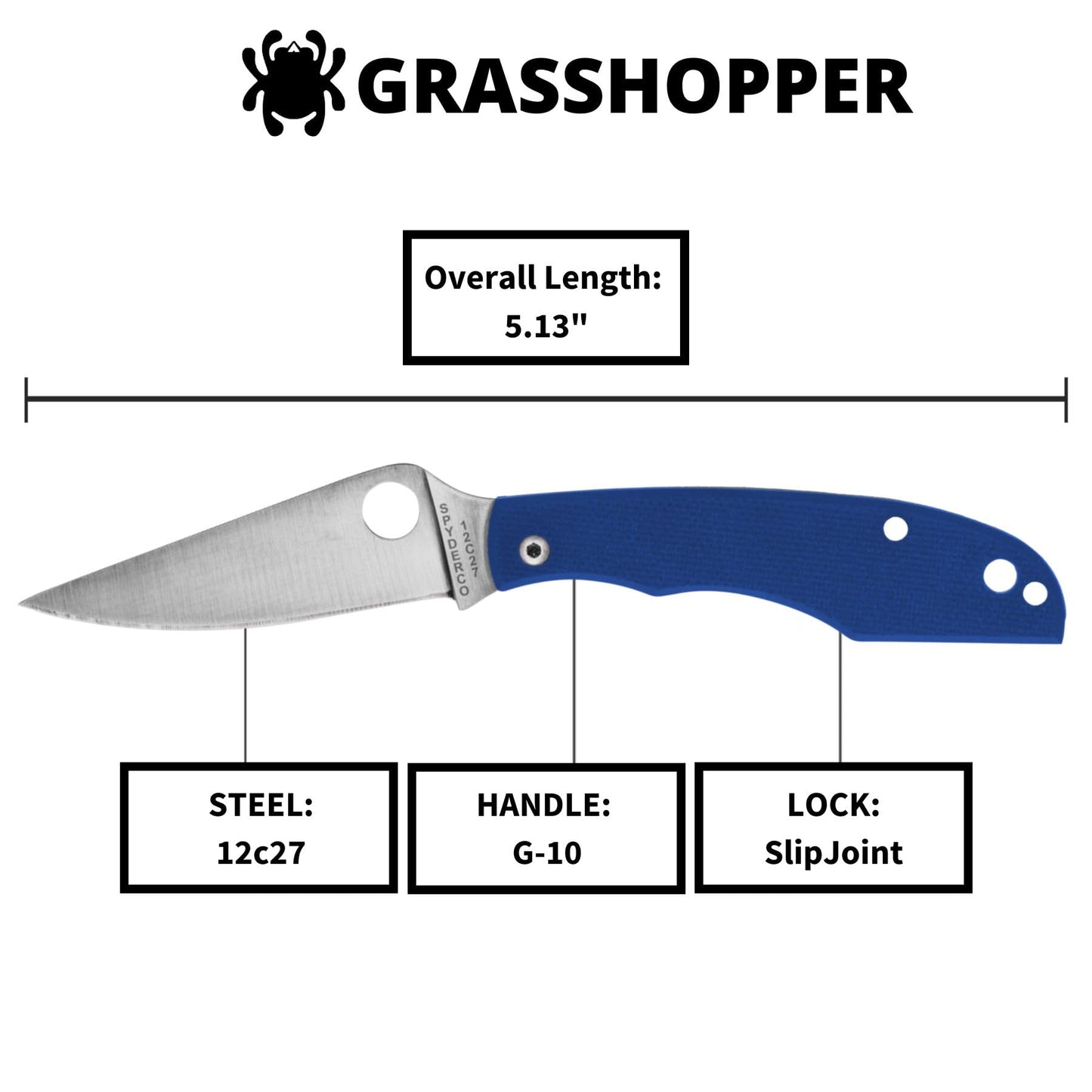 Spyderco Grasshopper Micro-Sized Slipjoint Knife with 2.3" 12c27 Steel Blade and G-10 Handle - EDC Knife for Men and Women, Perfect for Hunting, Tactical, Camping, Survival - PlainEdge - C138GBLP