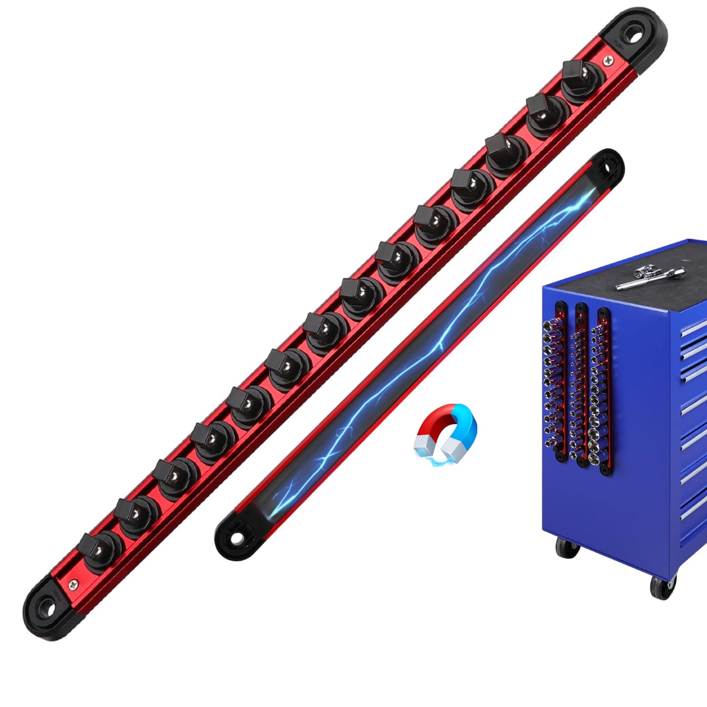 3/8-Inch Magnetic Socket Organizer Rail, Aluminum Alloy Socket Rail, Heavy Duty Sockets Holder with 14 Clips, 360° Swivel Clip Tool Tray, Sockets Organizer for Tool Box Drawer (Red)