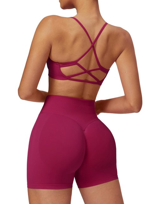 ABOCIW Two Piece Workout Sets for Women Seamless Backless Strappy Sports Bra Butt Lifting High Waist Gym Shorts Yoga Athletic Set Berry Red X-Large