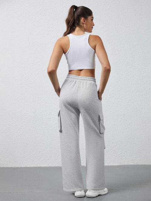 DLOODA Wide Leg Cargo Sweatpants Women Drawstring High Waisted Baggy Sweat Pants Stretchy Cotton Pants with Pockets (Light Grey M)
