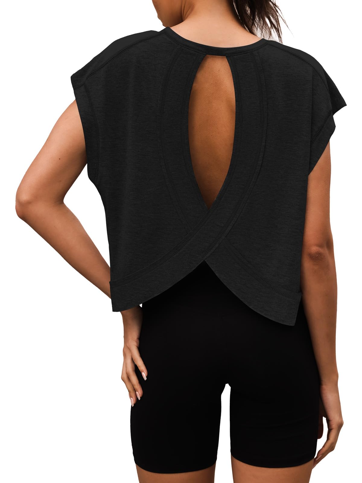 3rd hill Women Open Back Workout Shirts Short Sleeve Tops Casual Yoga Dupes Athletic Gym Running Crop Tees Black S