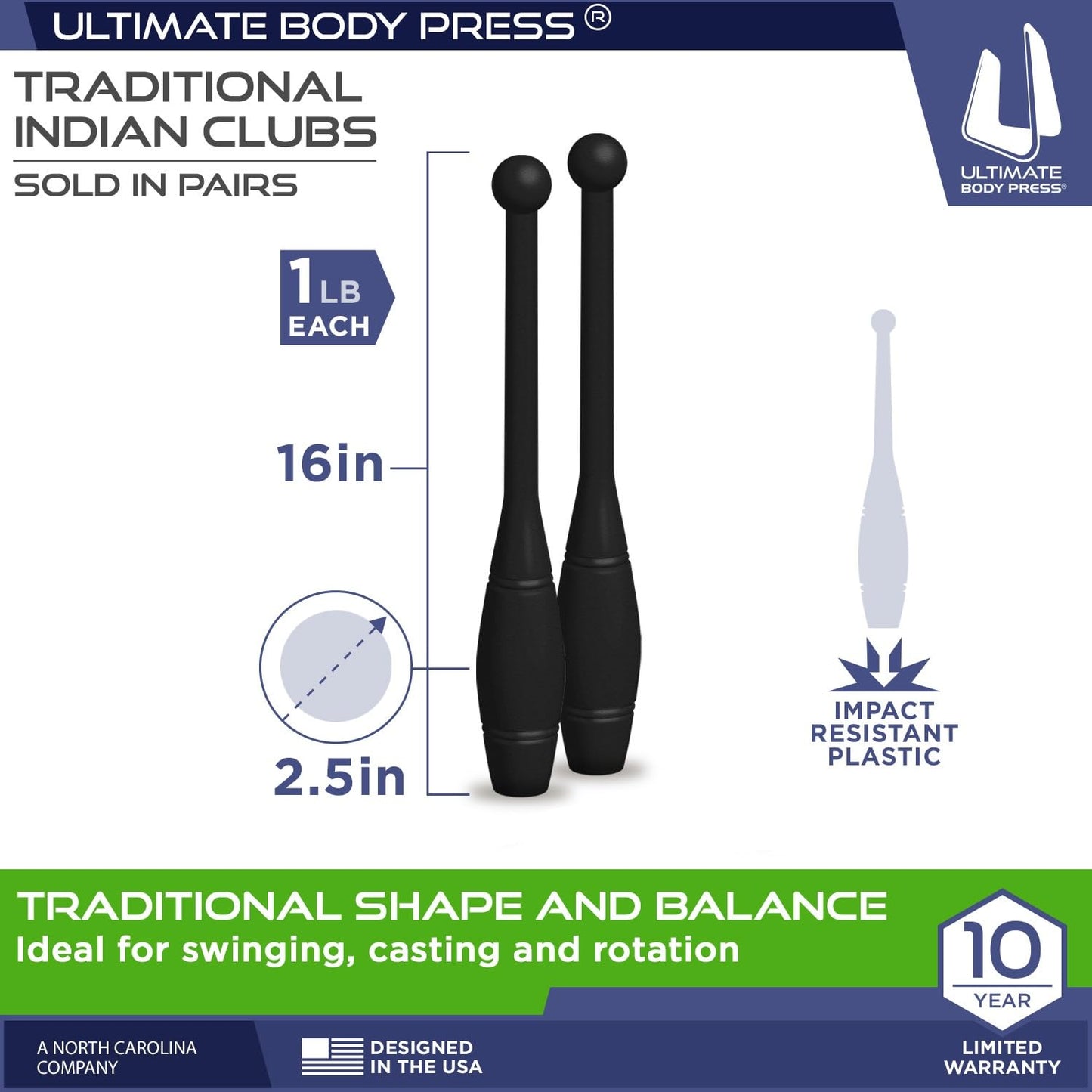 Ultimate Body Press Indian Clubs - 1lb, 2lb and 3lbs Pairs
