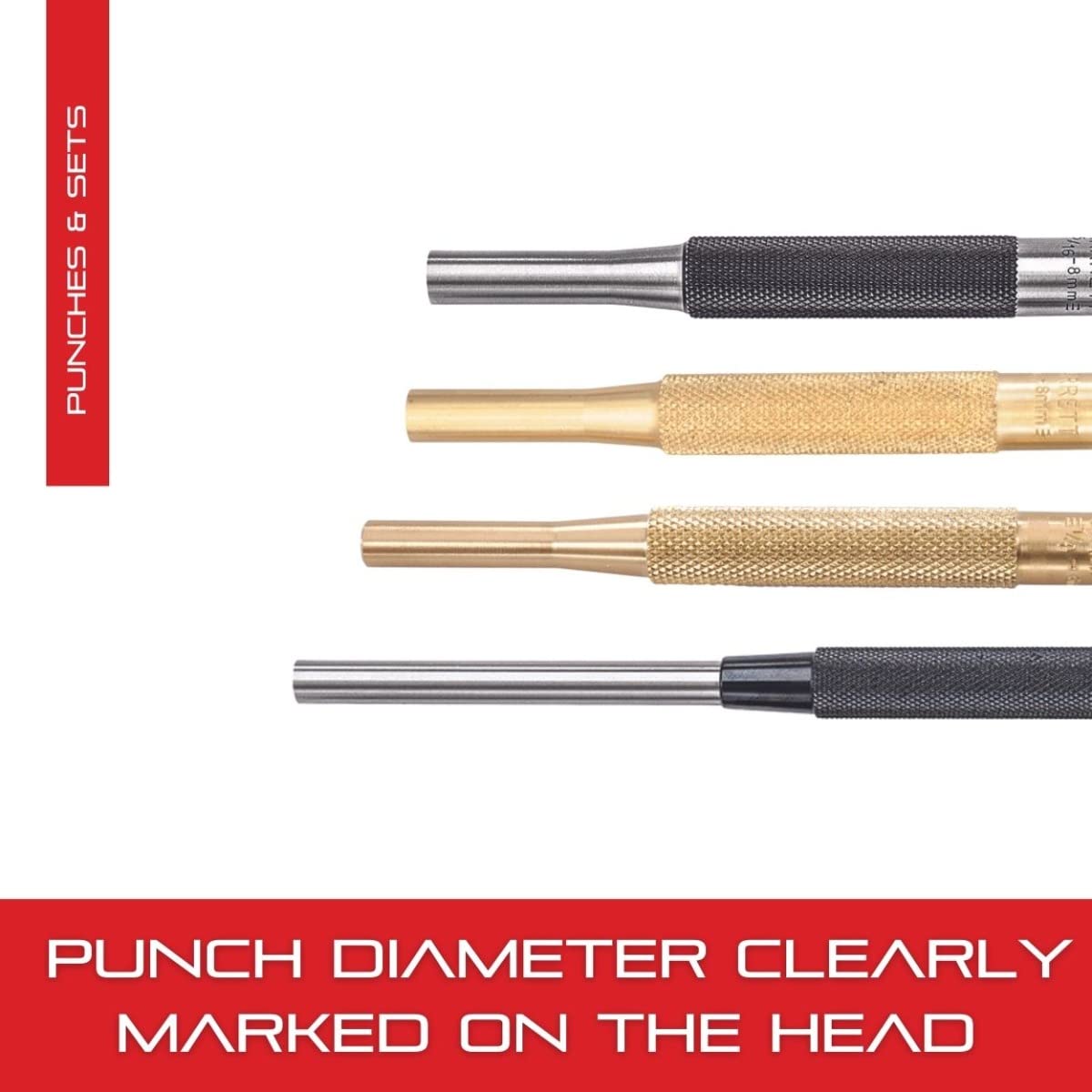 Starrett Brass Drive Pin Punch Set with Knurled Grip in Protective Fabric Pouch - 4" Length, 1/16", 3/32", 1/8", 5/32", 3/16", 7/32", 1/4", 5/16" Punch Diameter - SB565Z