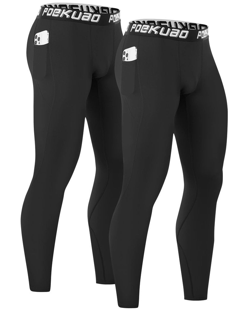 Poekuao 2 Pack Mens Running Tights Sports Workout Leggings with Pockets Breathable Athletic Base Layer for Gym Basketball Black/Black XL