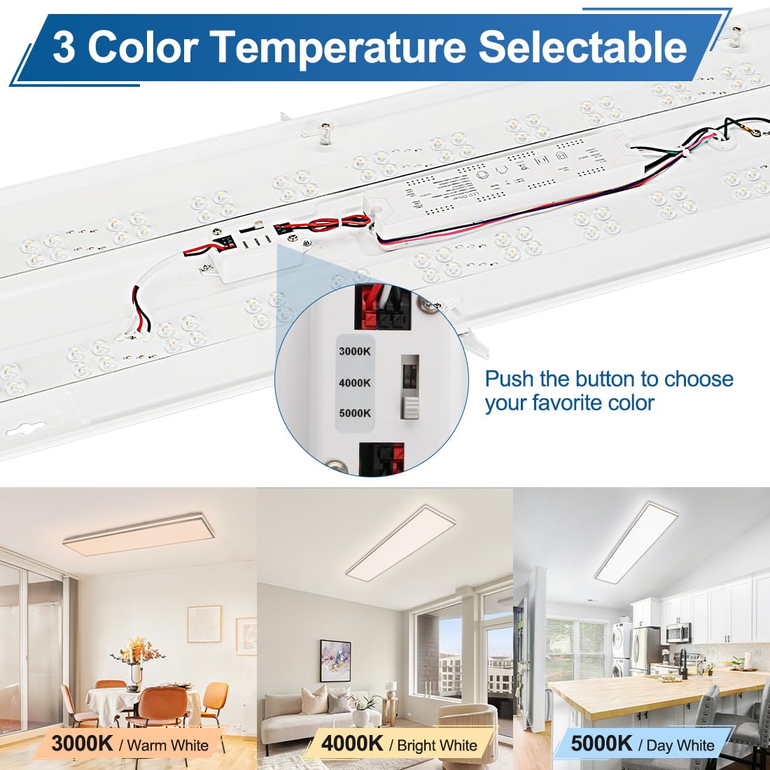 DAKASON 4FT Rectangle LED Flush Mount Ceiling Light for Kitchen/Laundry, 48W Wraparound 3/4/5000K Selectable, Hardwired 4’ Linear Lights Fluorescent Tube Replacement, Dimmable 1Pack