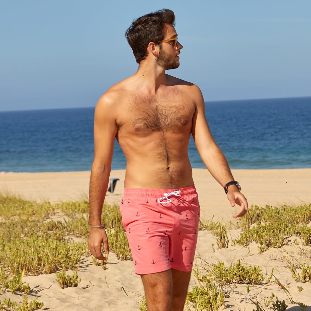 MaaMgic Mens Quick Dry Anchor Swim Trunks with Mesh Lining Swimwear Bathing Suits,Red-glm009,Large