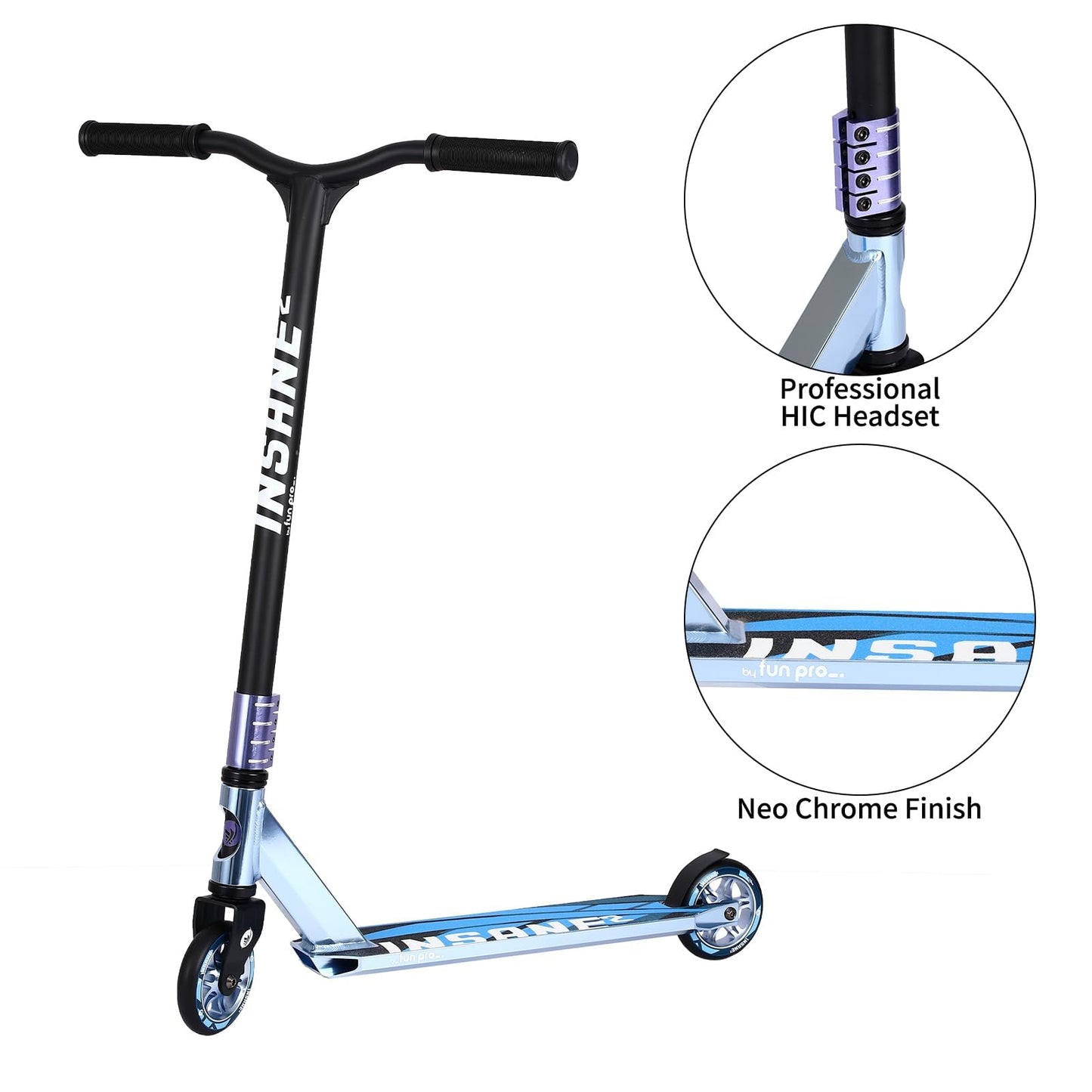 Pro Stunt Kick Scooter with Freestyle BMX Handlebars with 110mm Wheels & ABEC-9 and 88A high Elastic PU Wheels with Aluminum hubs(Sapphire Blue)