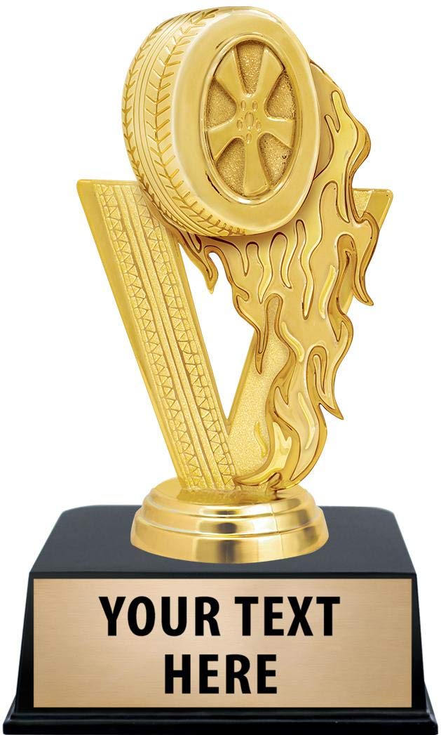 Crown Awards Racing Trophies with Custom Engraving, 6" Personalized Gold Fireball Racing Tire Trophy On Black Base 1 Pack Prime