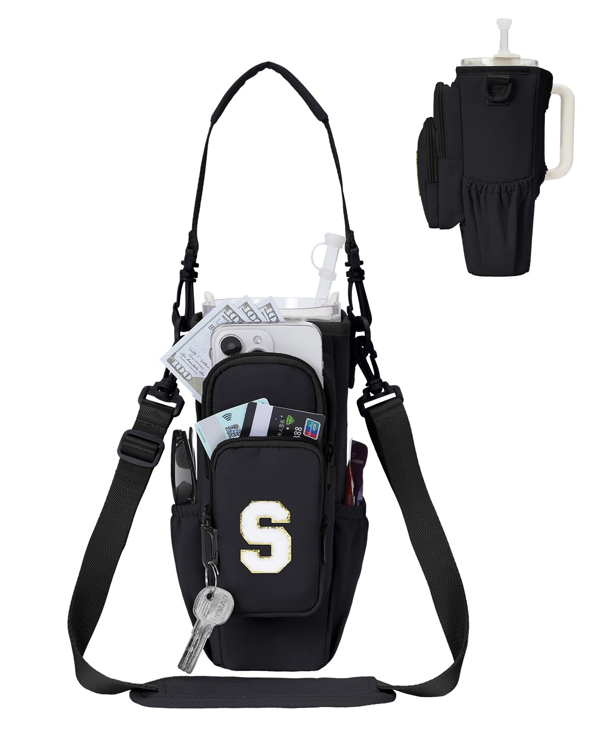 sportsnew Birthday Gifts for Women Personalized Initial Water Bottle Holder with Strap fits Most 40oz Tumbler with Handle Water Bottle Carrier Bag with Phone Pocket & Straw Topper Tumbler Accessories