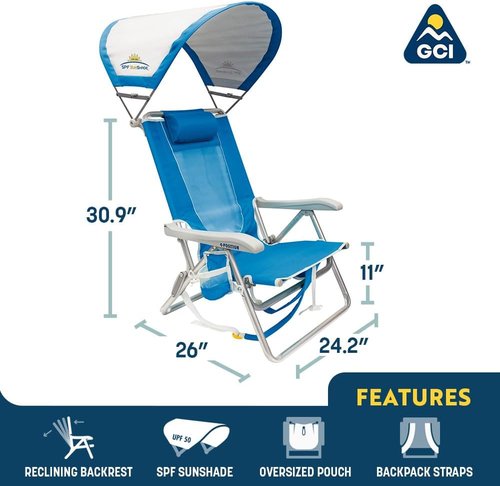 GCI Outdoor Beach Chair - Reclining Sunshade Backpack with Durable Armrests & Drink Holder | Saybrook Blue