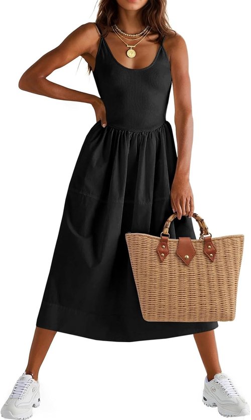 Fisoew Women's Spaghetti Strap A-Line Dress - V Neck Backless Summer Cami with Pocket