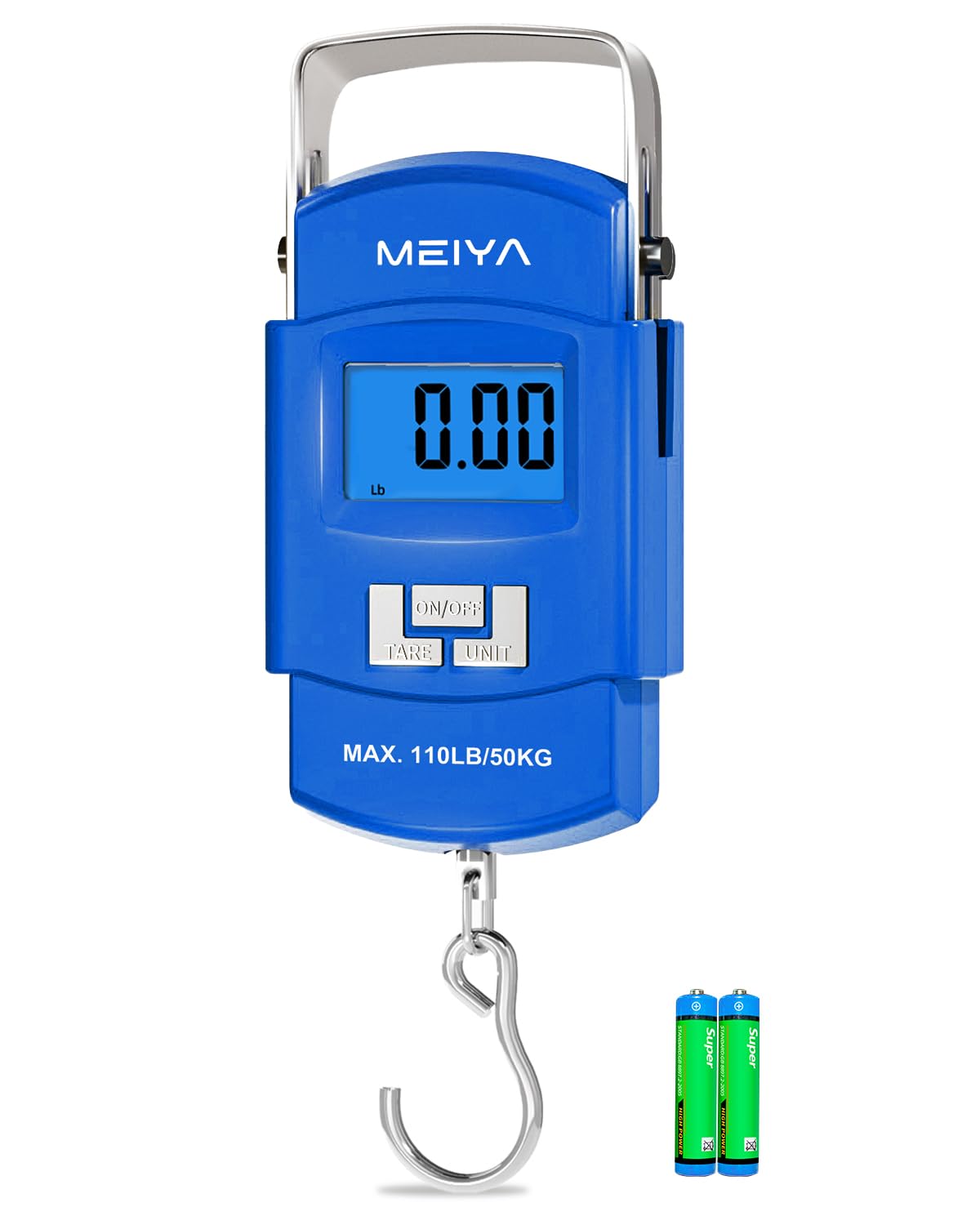 MEIYA Portable Luggage Scale - 110lb Digital Hanging Scale with Backlit LCD Display | Ideal for Travel & Fishing (Blue)