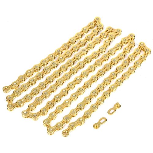 Cadena 11V Dorada,Catena E-Bike E8000 11V,Gold 11-Speed Hollow Out Chain 116 Links Replacement Parts for Fixed Gear Road Bikes