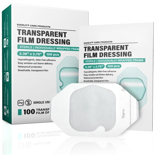 Everlit Care Transparent Film Dressing, Large Waterproof Adhesive Patch | Window Frame Wound Cover for Post Surgical Shower, IV Shield, Tattoo Aftercare Bandage (2.36" x 2.75" | 100 Pack)